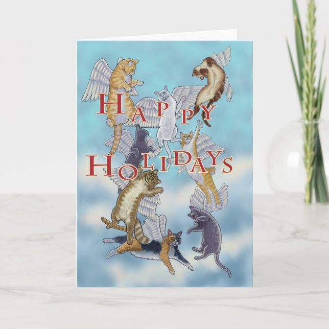 Flock of Angel Cats Happy Holidays Navidad Card (Anverso)