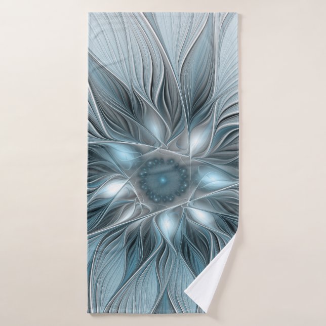 Flor abstracta alegre azul gris fractal floral (Toalla de baño)