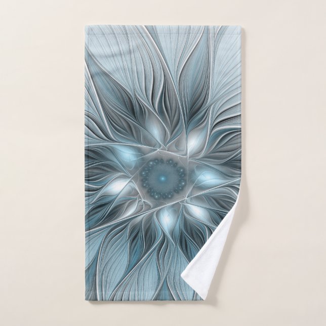 Flor abstracta alegre azul gris fractal floral (Toalla de mano)