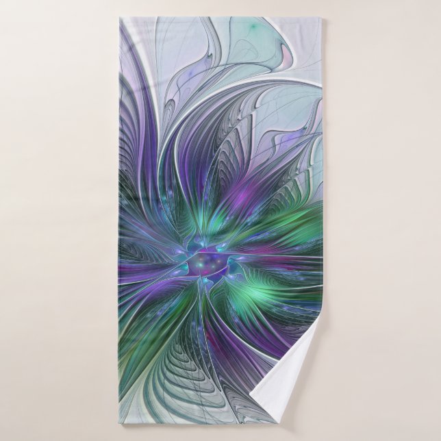 Flor Abstracta Moderna Fractal Verde Púrpura (Toalla de baño)