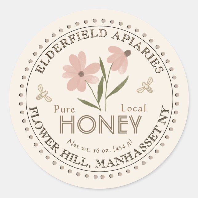 Flor acuarela y abejas Etiqueta de miel local pura (Anverso)