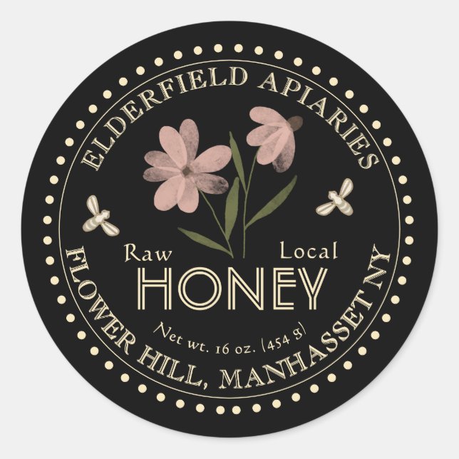 Flor acuarela y abejas Etiqueta de miel local pura (Anverso)