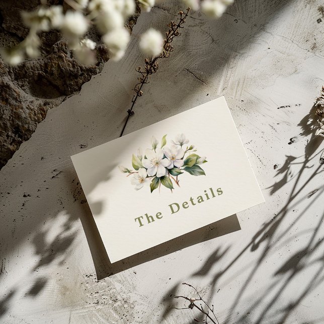 Flor Apple Blossom La tarjeta de gabinete de detal (Delicate and pretty "The Details" wedding card with painted style white apple blossom flowers)