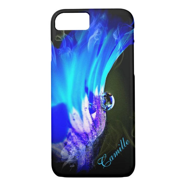 Flor azul brillante W/Water Drop iPhone 7 Funda (Reverso)