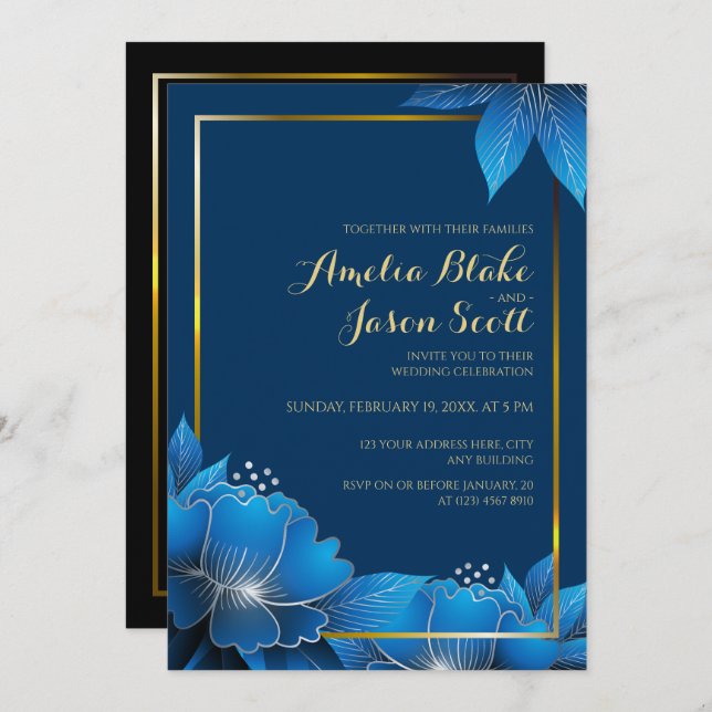 Flor azul elegante | Invitación a la boda azul (Anverso / Reverso)