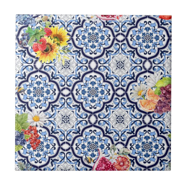 Flor azul ornato floral Berries Azulejos siciliano (Frente)