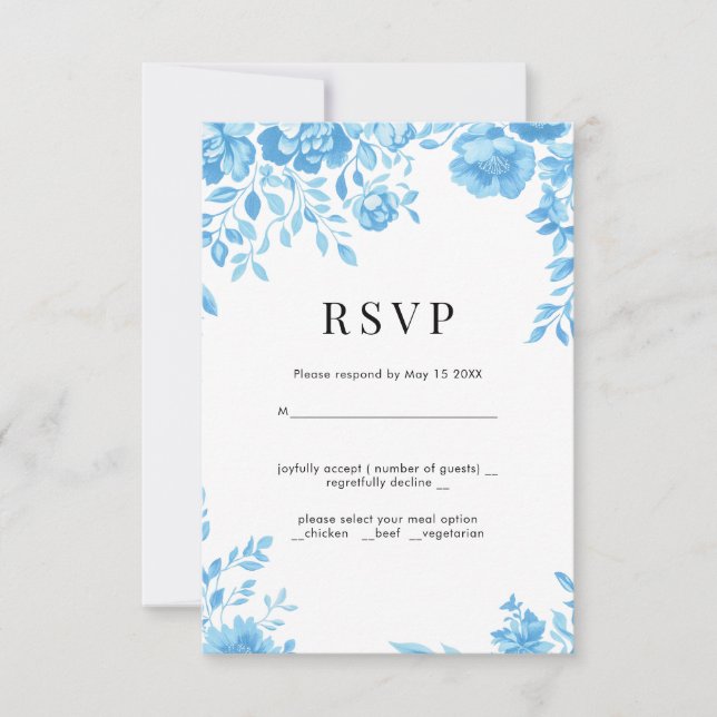 Flor azul Retro boda floral RSVP (Anverso)
