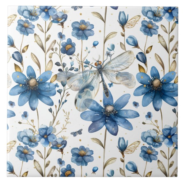 Flor azul y azulejos florales de cerámica (Frente)