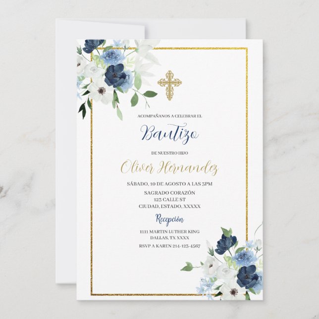 Flor azul y blanca Bautizo Invitación española (Anverso)
