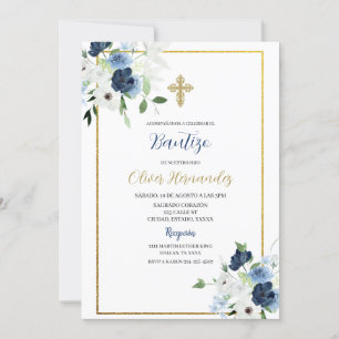 Flor azul y blanca Bautizo Invitación española