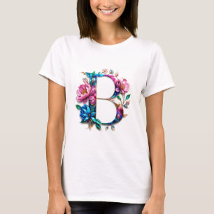 Flor B - Elegante camiseta Floral inicial para Wom