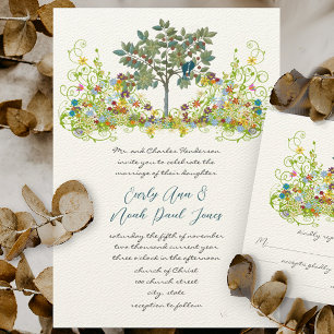 Flor batida Amor Pájaros Boda Árbol Invitación