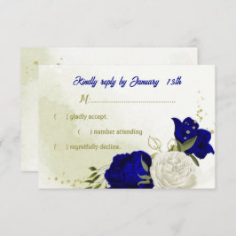 flor blanca azul real hojas verdes tarjeta RSVP