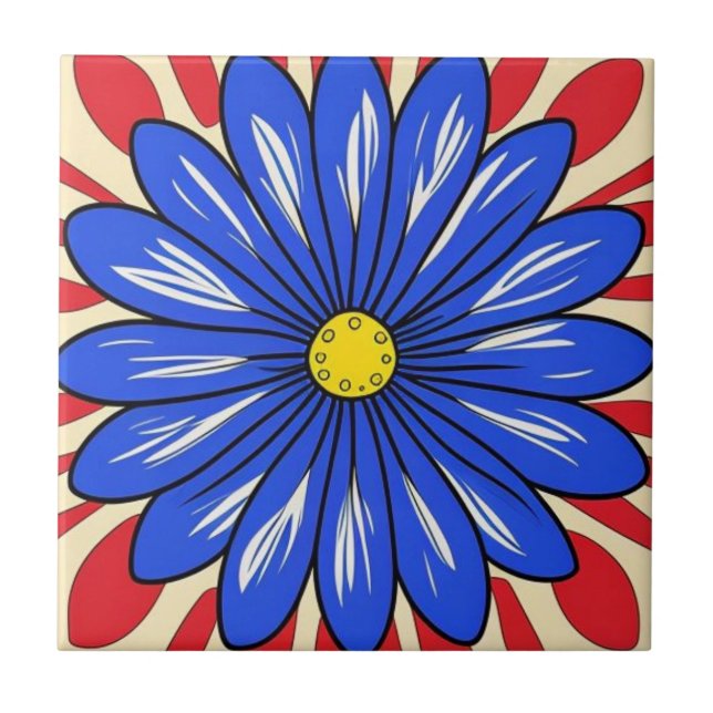 Flor blanca, azul y roja Azulejos cerámicos (Frente)
