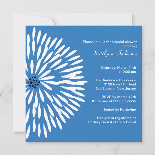 Flor blanca en la invitación nupcial azul de la (Anverso)