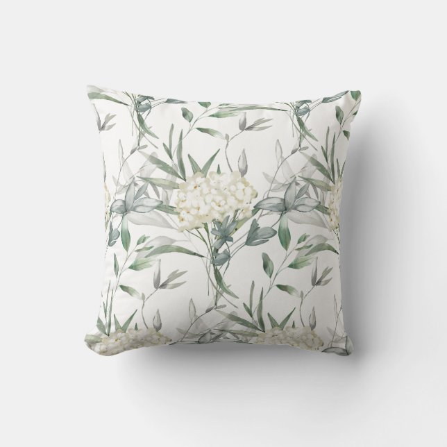 Flor blanca Hojas verdes almohada de fondo blanco (Anverso)