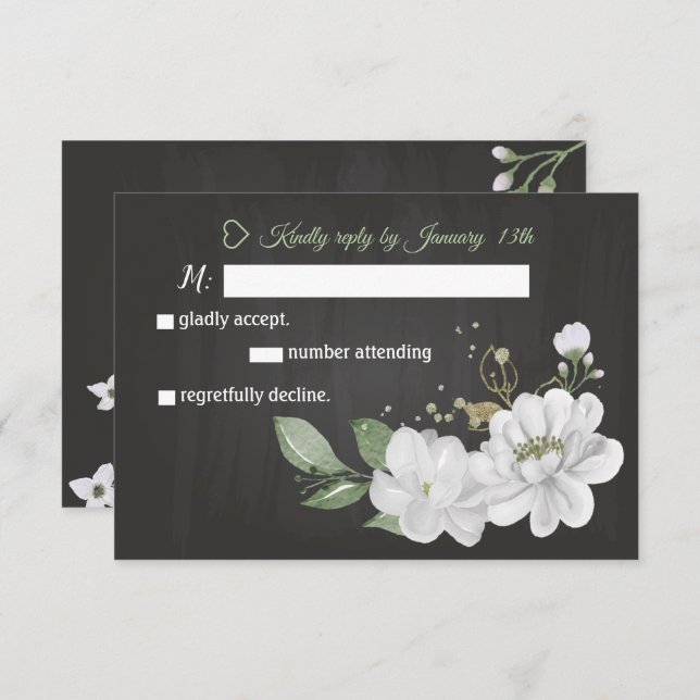 flor blanca verde tarjeta RSVP negra (Anverso / Reverso)