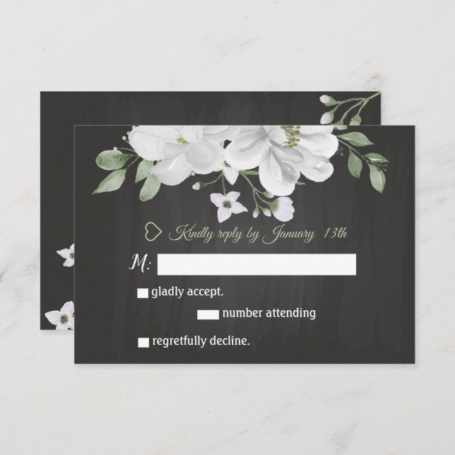 flor blanca verde tarjeta RSVP negra (Anverso / Reverso)