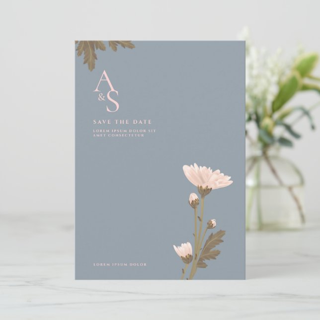 Flor con invitación a la boda de tema rosa y azul (Anverso de pie)