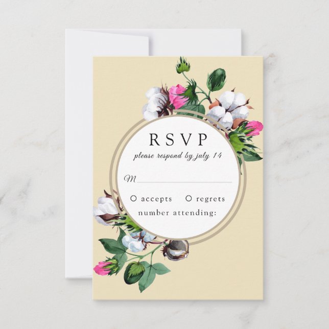 Flor de algodón en un marco. Boda botánica RSVP (Anverso)