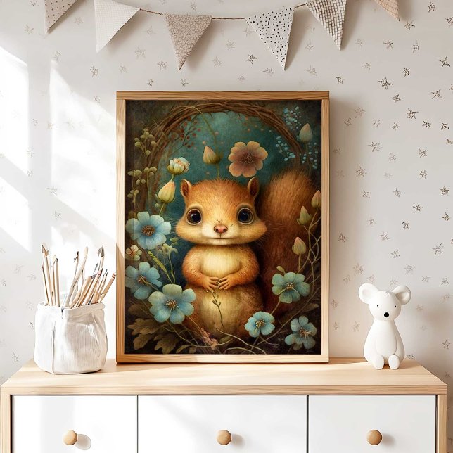 Flor de ardilla de bebé forestal | Impresión de pa (Woodland Squirrel Nursery Print with Blue Flowers by TinkPrints. )