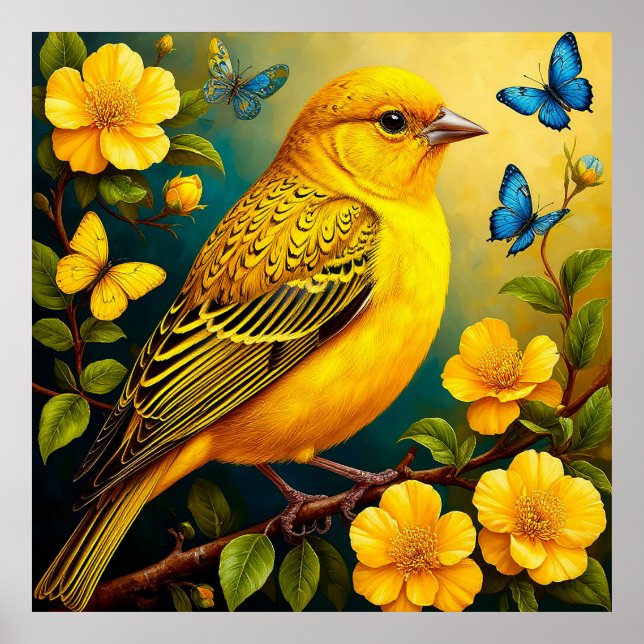 Flor de Arte de Pájaro Amarillo para un Hogar Bril (Frente)
