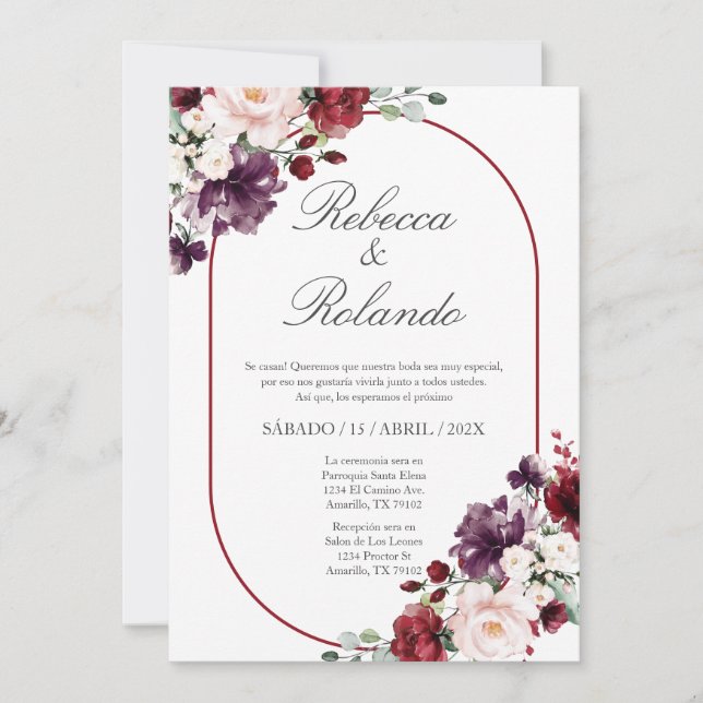 Flor de Borgoña Elegante Invitación a la Boda Espa (Anverso)