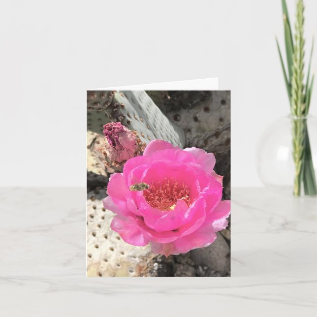 Flor de cactus rosa con tarjeta de nota de abeja (Anverso)