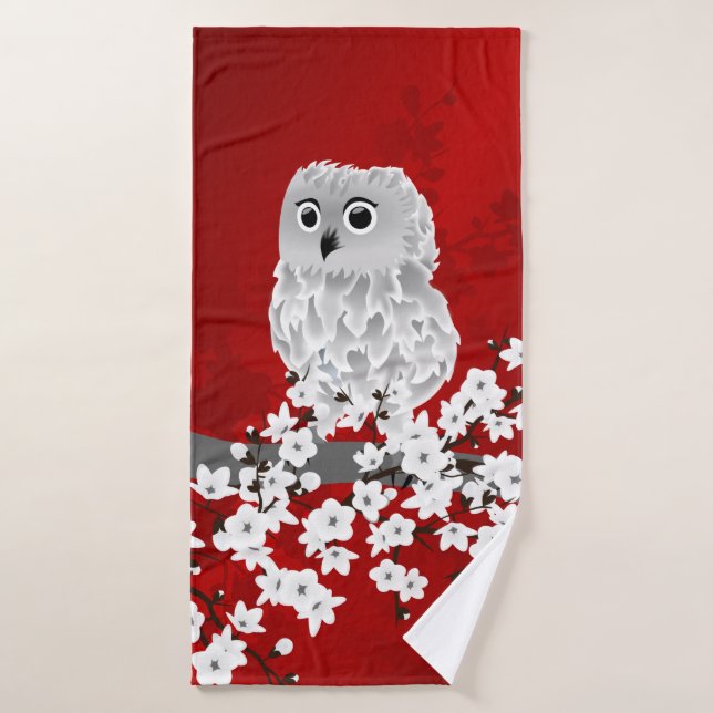 Flor de cerezo de búho rojo blanco negro (Toalla de baño)