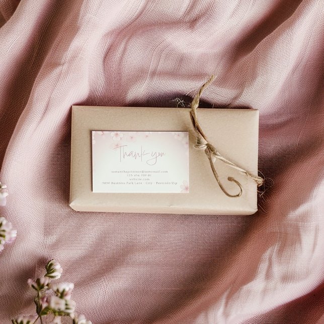 Flor de cerezo gracias tarjeta de gabinete del cli (Blush cherry blossom thank you enclosure card with script and contact details.)