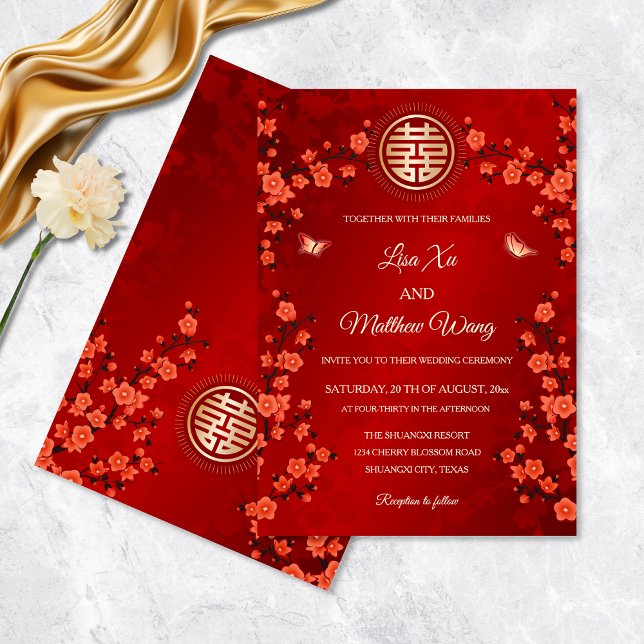 Flor de cerezo rojo | Invitación a la boda china (Subido por el creador)
