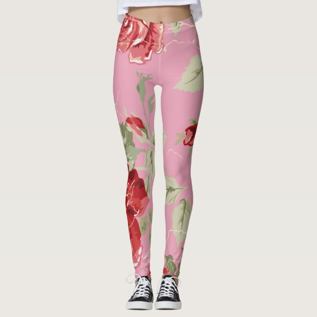 Flor de cerezo rosa floral rojo leggings fiestas (Anverso)