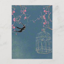 Flor de cerezo y postal de jaulas de aves, única