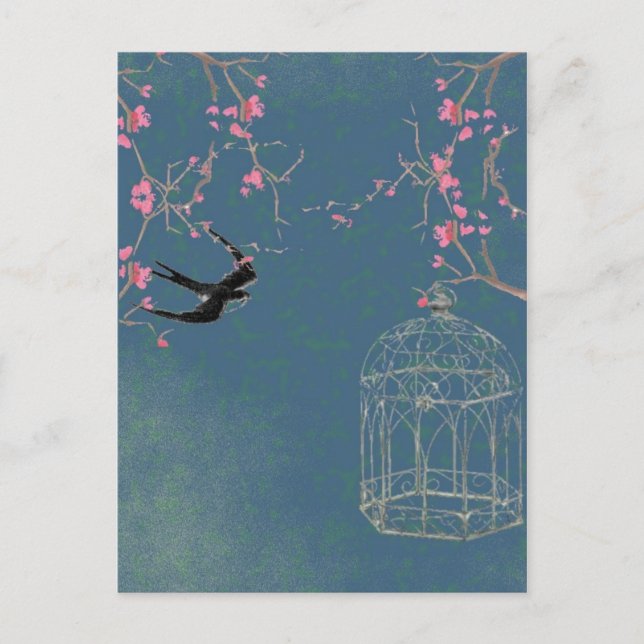 Flor de cerezo y postal de jaulas de aves, única (Anverso)