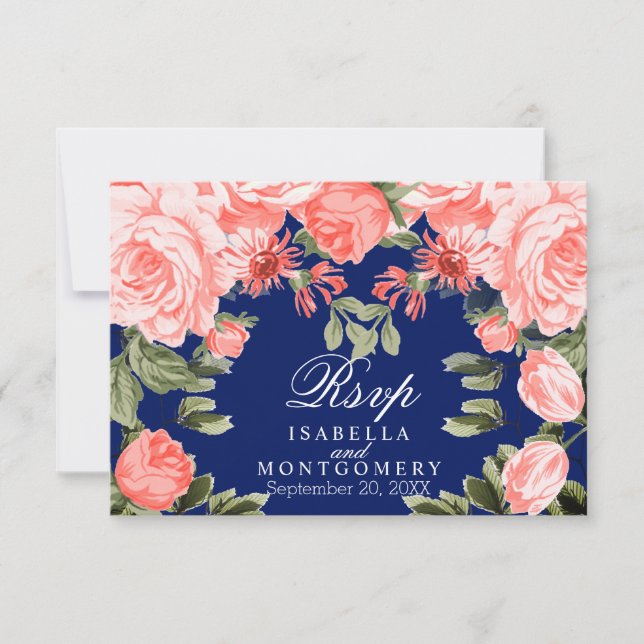 Flor de coral y azul oscuro botánico - RSVP (Anverso)