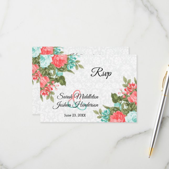 Flor de coral y Verde azulada hermosa - RSVP (Anverso/Reverso In Situ)