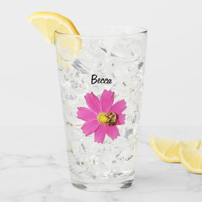 Flor de cosmos rosa vivo con abeja personalizada (Anverso (hielo))