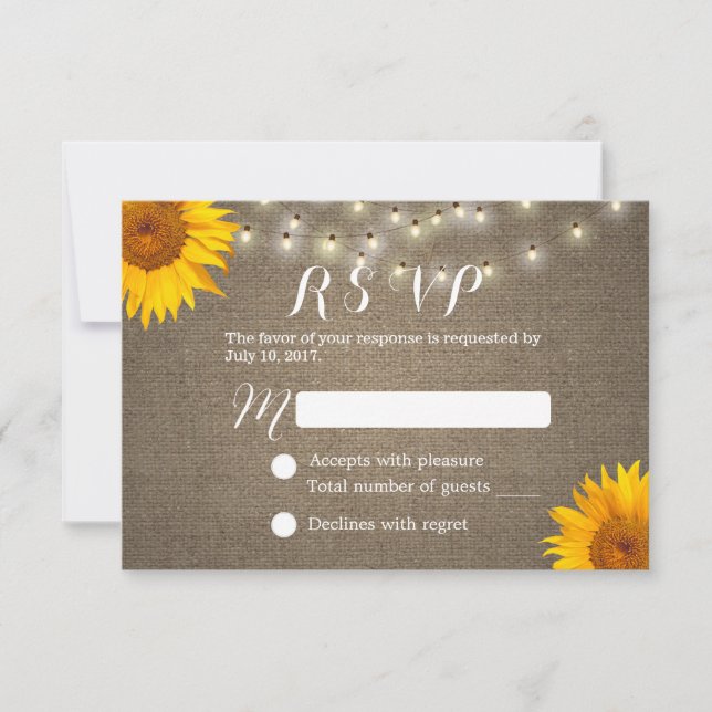 Flor de girasol y cadenas Burlap Wedding RSVP (Anverso)
