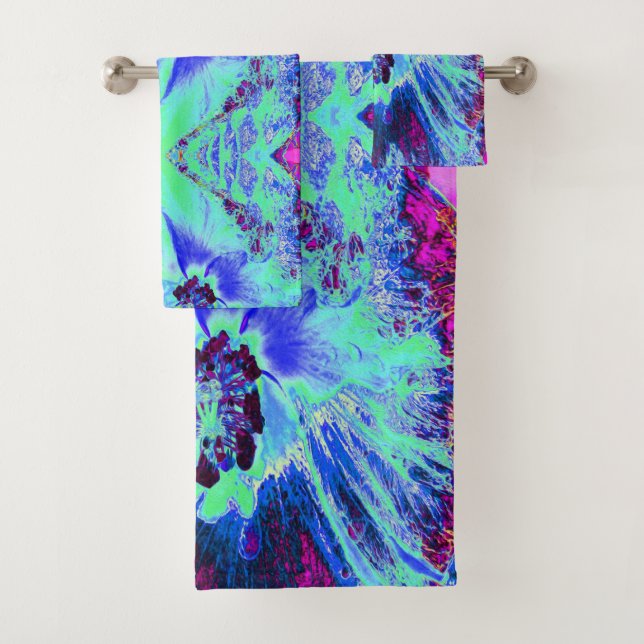 Flor de hibiscus verde y azul psicodélico retro (In situ)