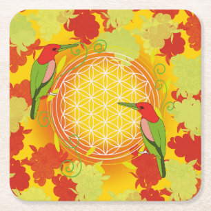 flor de la vida pájaro cuadrado papel posavasos
