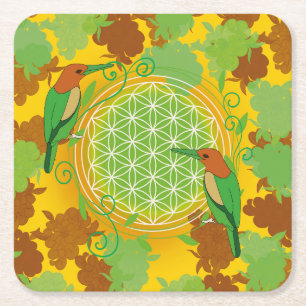 flor de la vida pájaro cuadrado papel posavasos