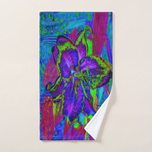 Flor de lirio morada psicodélica y verde lima (Toalla de mano)
