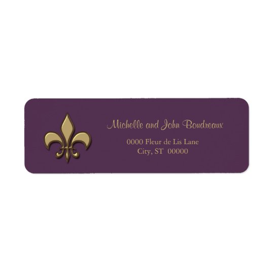 Flor de lis simple de la púrpura del oro de la etiqueta de remite