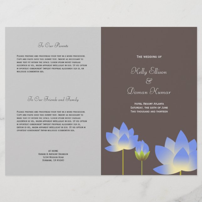 Flor de loto azul programa de boda gris moderno (Anverso)