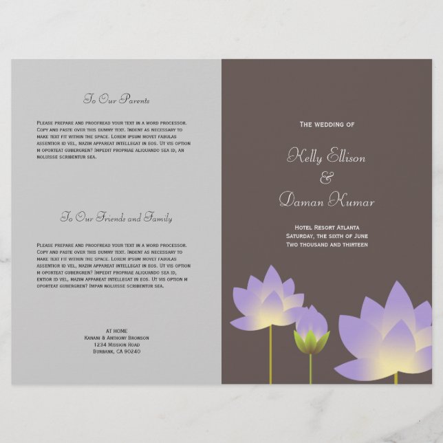 Flor de loto morado programa de boda gris moderno (Anverso)