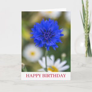 Flor de maíz azul cerca de la tarjeta de cumpleaño
