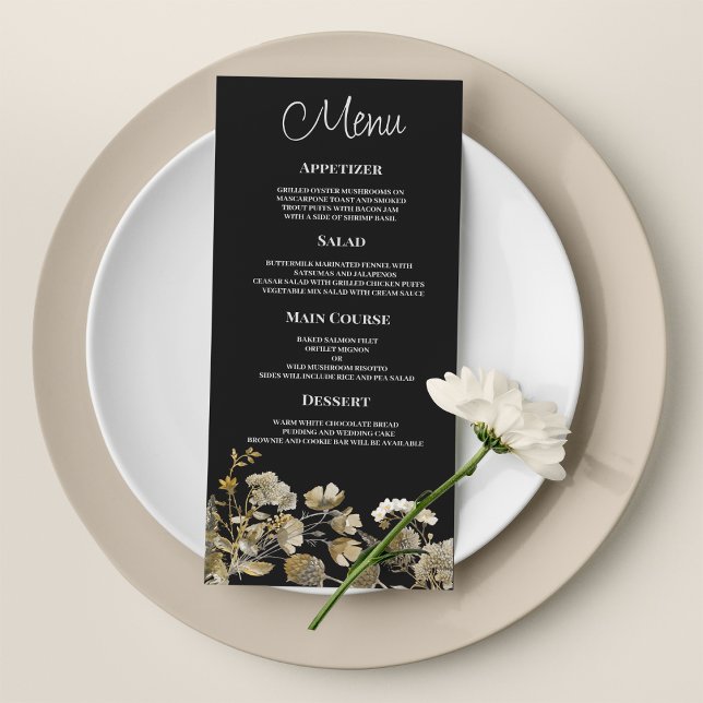 Flor de marfil marrón negro de invierno Menú de bo (Ivory brown black wildflower winter Wedding Menu)