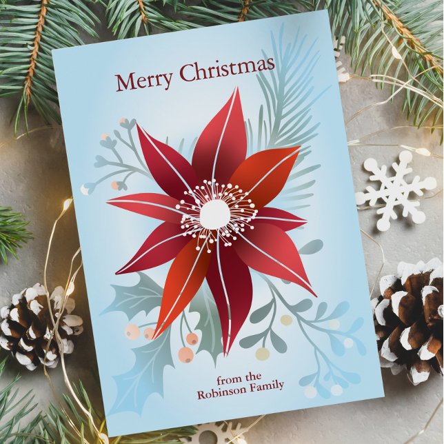 Flor de Navidad de Pascua Roja Abstracta de Invier (Front of Abstract Red Poinsettia Flower Christmas Holiday Card)
