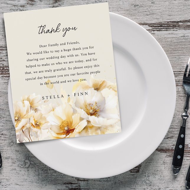 Flor de oro blanco Gracias Tarjeta de Recepción de (White Gold Flower Thank You Wedding Reception Card)