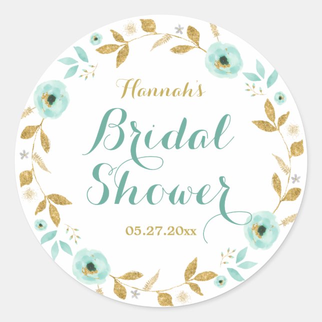 Flor de oro de menta Wreath Bridal Shower Pegatina (Anverso)